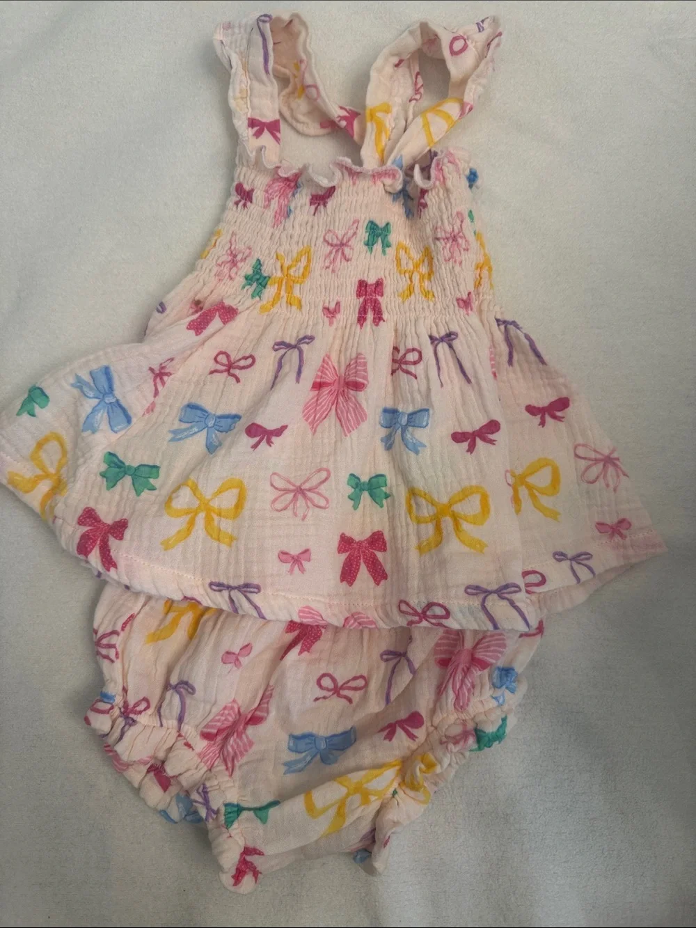 Angel Dear Cream Bow Print Tank Dress & Bloomers Set with Multicolor Bows